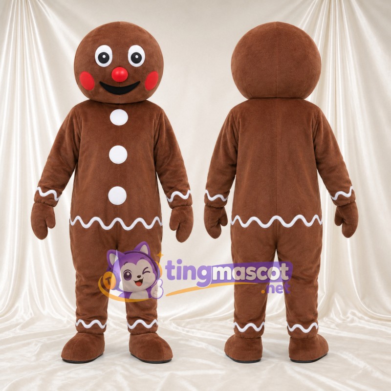 Brown Gingerbread Man Mascot Costume - Red Cheeks and White Buttons
