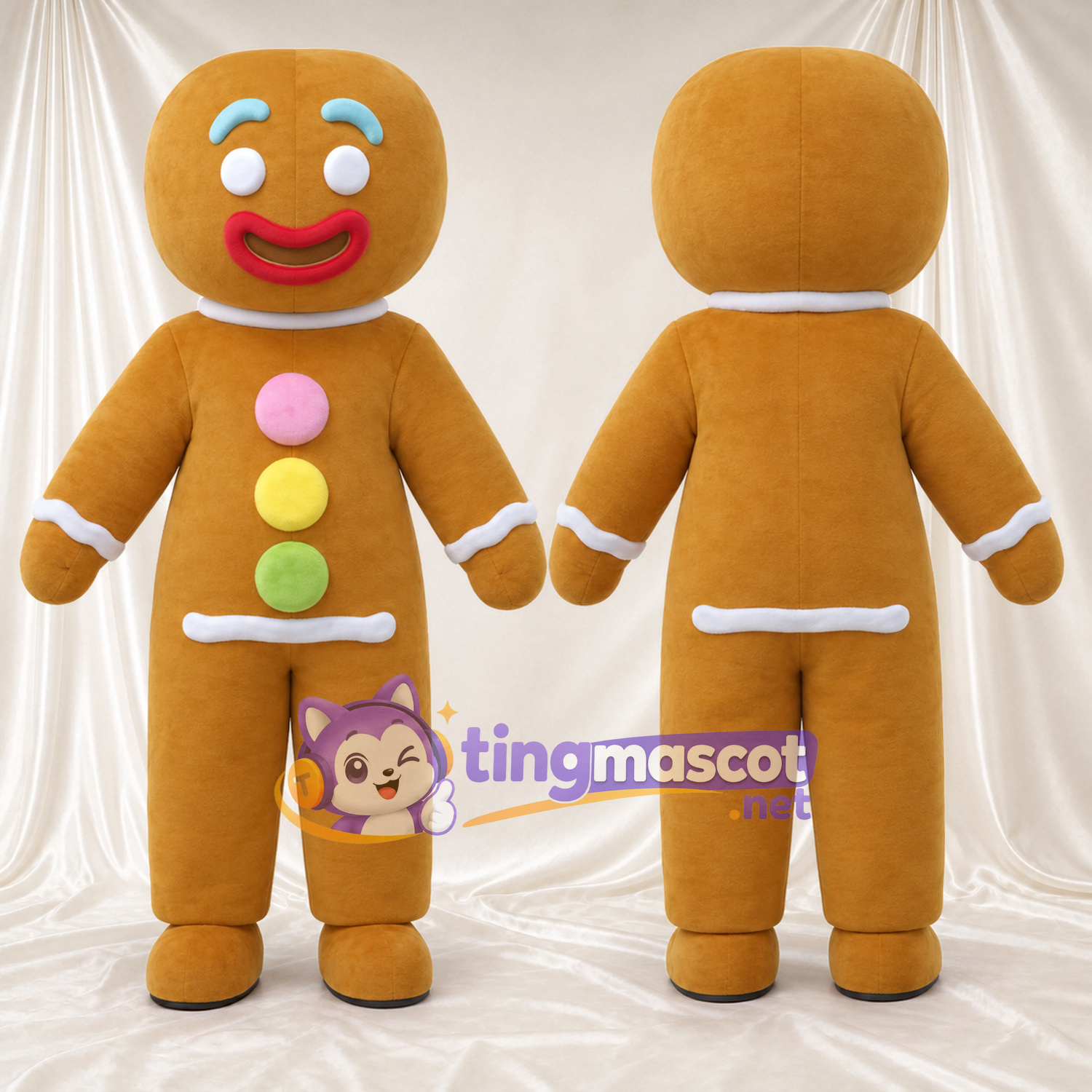 Brown Gingerbread Man Mascot Costume - Pastel Buttons and White Icing Trim Brown Gingerbread Man Mascot Costume - Pastel Buttons and White Icing Trim