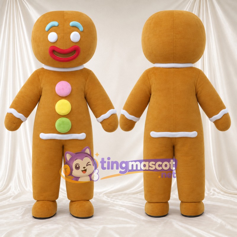 Brown Gingerbread Man Mascot Costume - Pastel Buttons and White Icing Trim