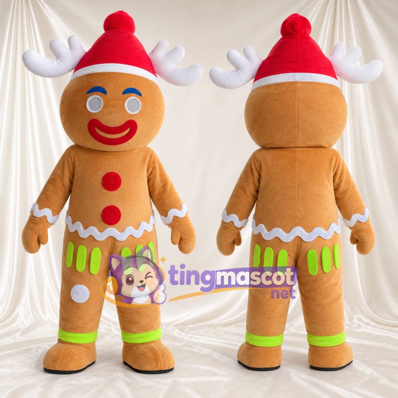 Costume de mascotte Bonhomme en pain d’épices – marron – Chapeau (rouge); Bois