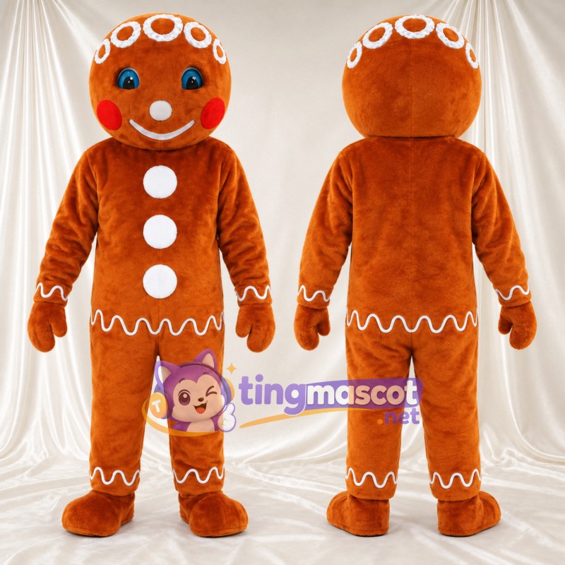 Brown Gingerbread Man Mascot Costume - Red Cheeks and White Buttons