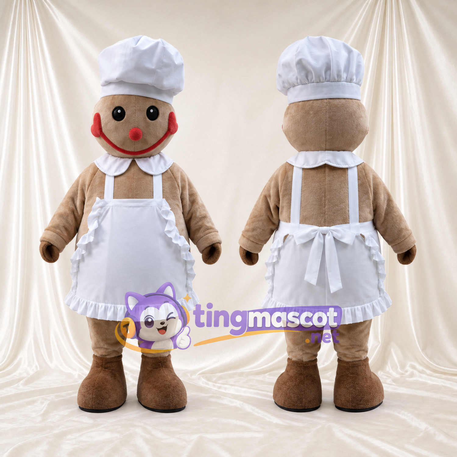 Maskottchenkostüm Lebkuchenmann – braun – Kochmütze (weiß); Schürze Maskottchenkostüm Lebkuchenmann – braun – Kochmütze (weiß); Schürze