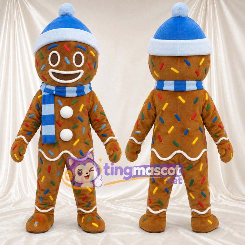 Brown Gingerbread Man Mascot Costume - Blue Winter Hat and Scarf