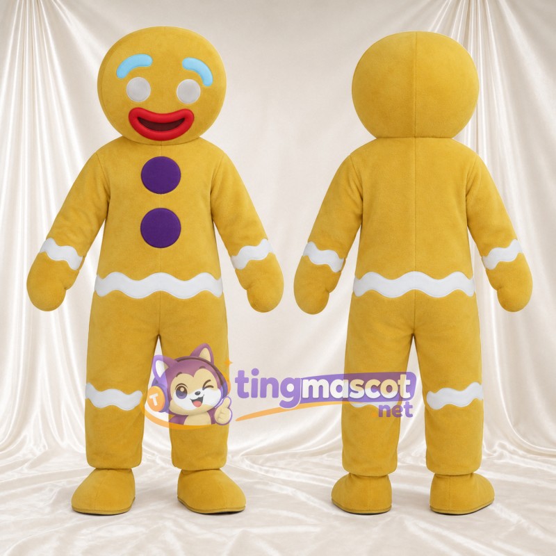 Costume de mascotte Bonhomme en pain d’épices – jaune – Boutons (violet)
