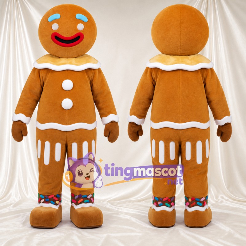 Costume de mascotte Bonhomme en pain d’épices – marron – Boutons (blanc); Col (blanc)