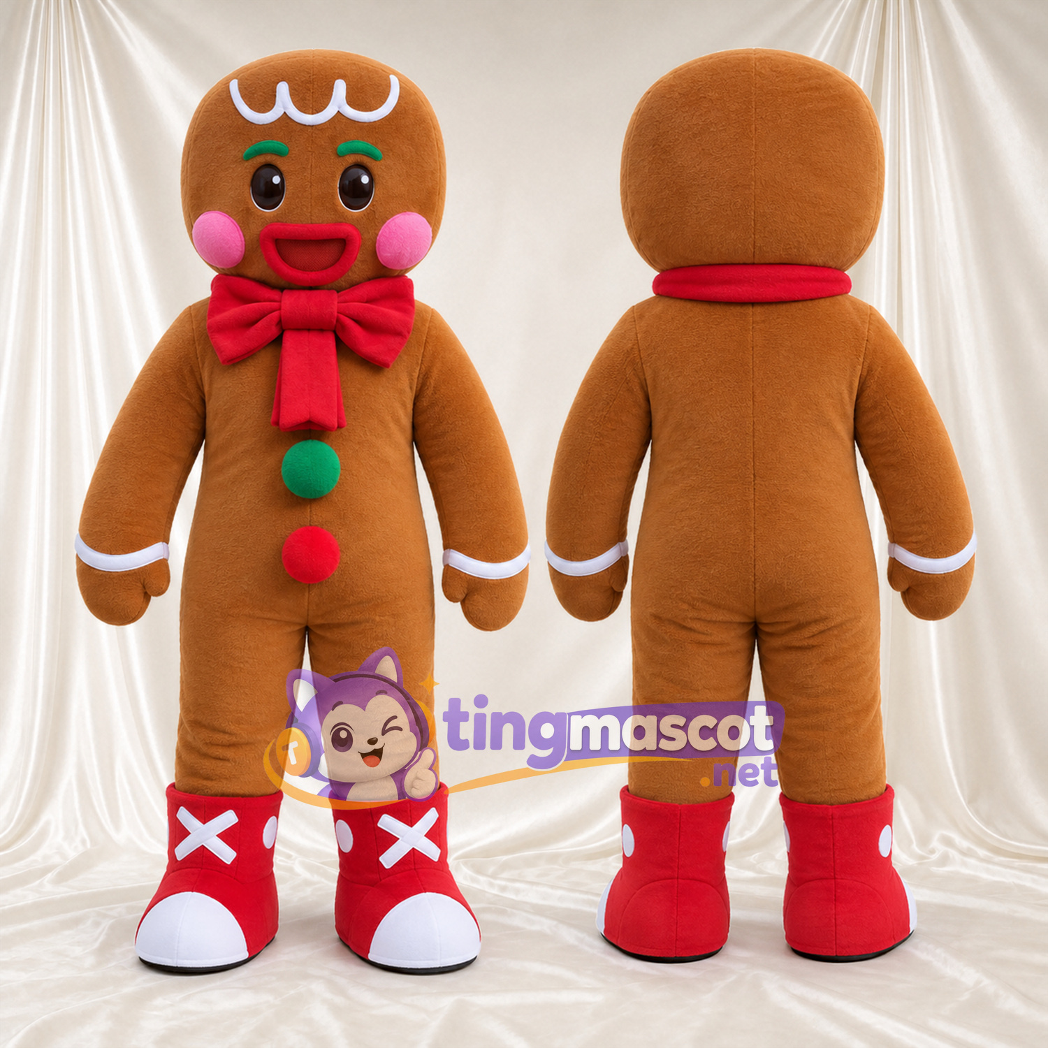 Costume de mascotte Bonhomme en pain d’épices – marron – Nœud (rouge); Bottes Costume de mascotte Bonhomme en pain d’épices – marron – Nœud (rouge); Bottes