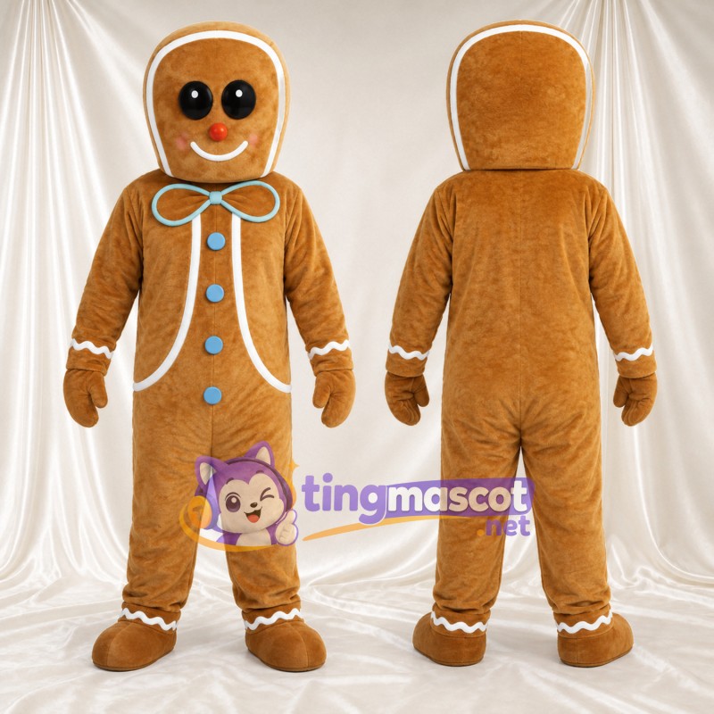 Brown Gingerbread Man Mascot Costume - Blue Bow Tie, Blue Buttons and White Icing Trim