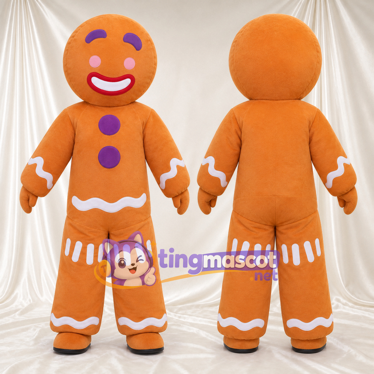 Brown Gingerbread Man Mascot Costume - Purple Buttons and White Icing Trim Brown Gingerbread Man Mascot Costume - Purple Buttons and White Icing Trim