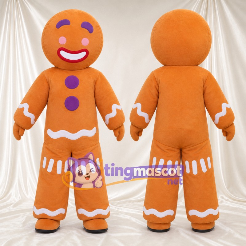 Brown Gingerbread Man Mascot Costume - Purple Buttons and White Icing Trim