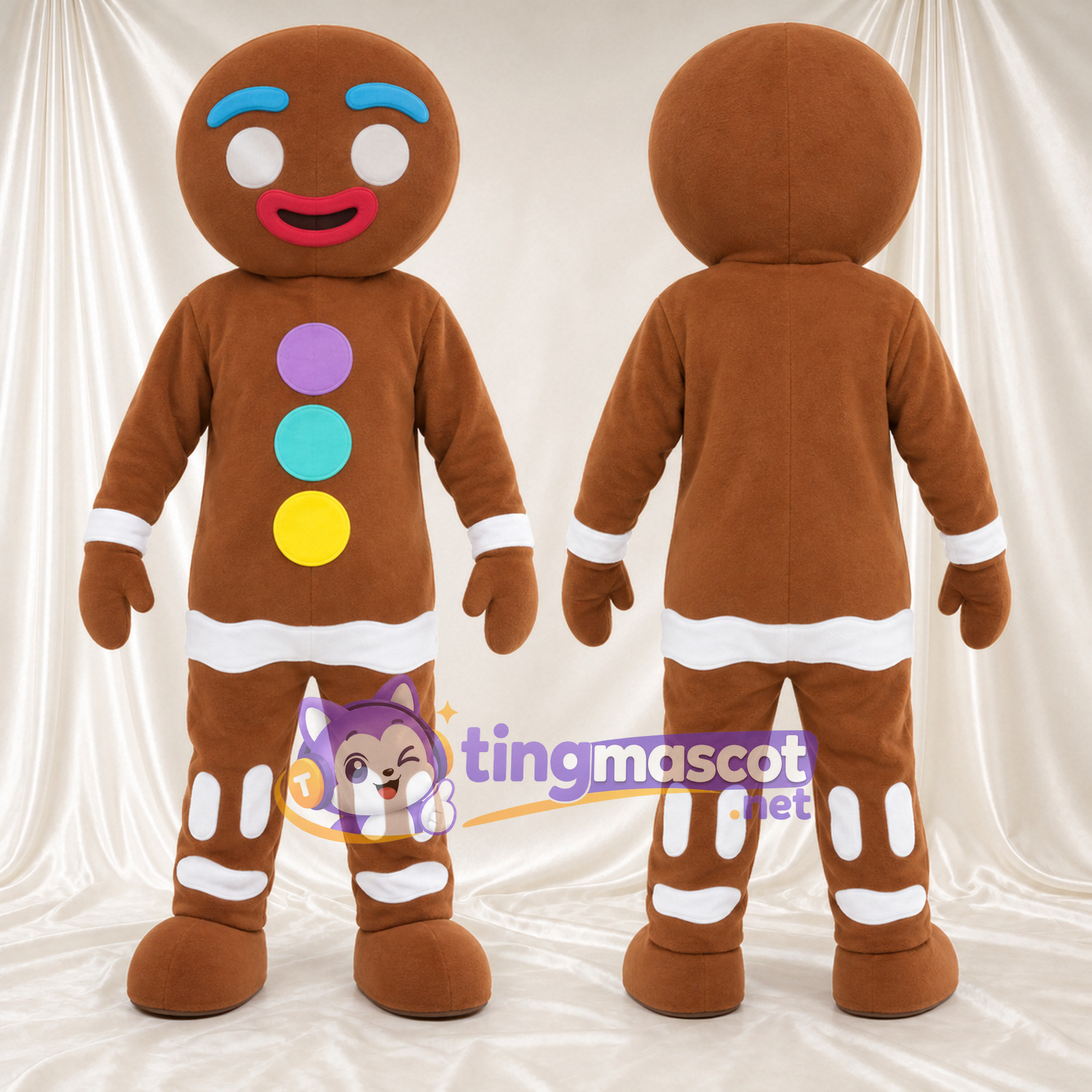 Brown Gingerbread Man Mascot Costume - Pastel Buttons and White Icing Trim Brown Gingerbread Man Mascot Costume - Pastel Buttons and White Icing Trim