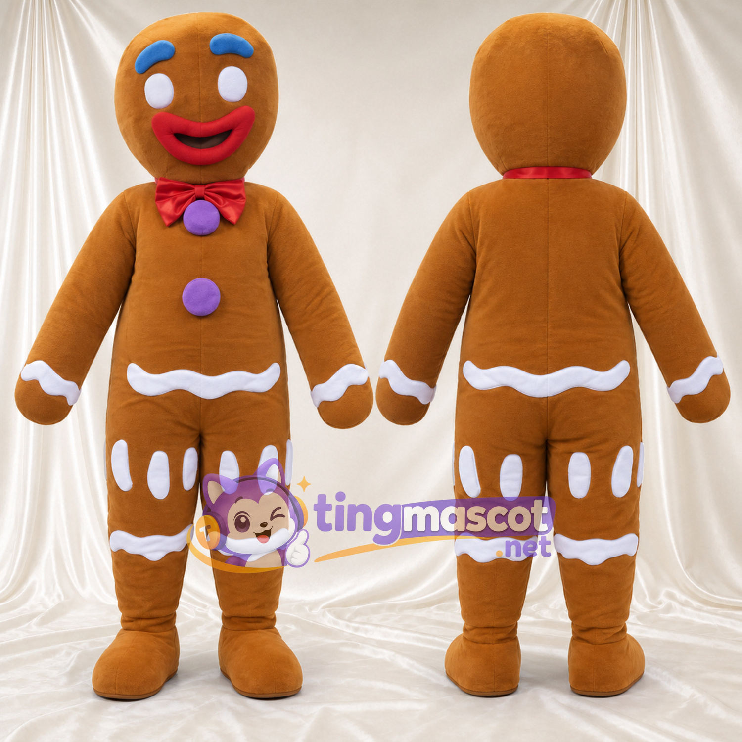 Brown Gingerbread Man Mascot Costume - Purple Buttons and Red Bow Brown Gingerbread Man Mascot Costume - Purple Buttons and Red Bow