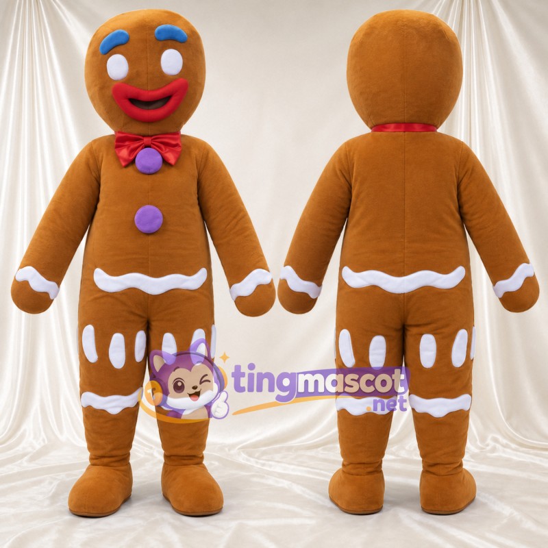 Brown Gingerbread Man Mascot Costume - Purple Buttons and Red Bow