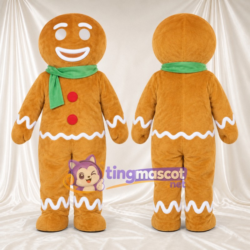 Costume de mascotte Bonhomme en pain d’épices – marron – Écharpe (vert); Boutons (rouge)