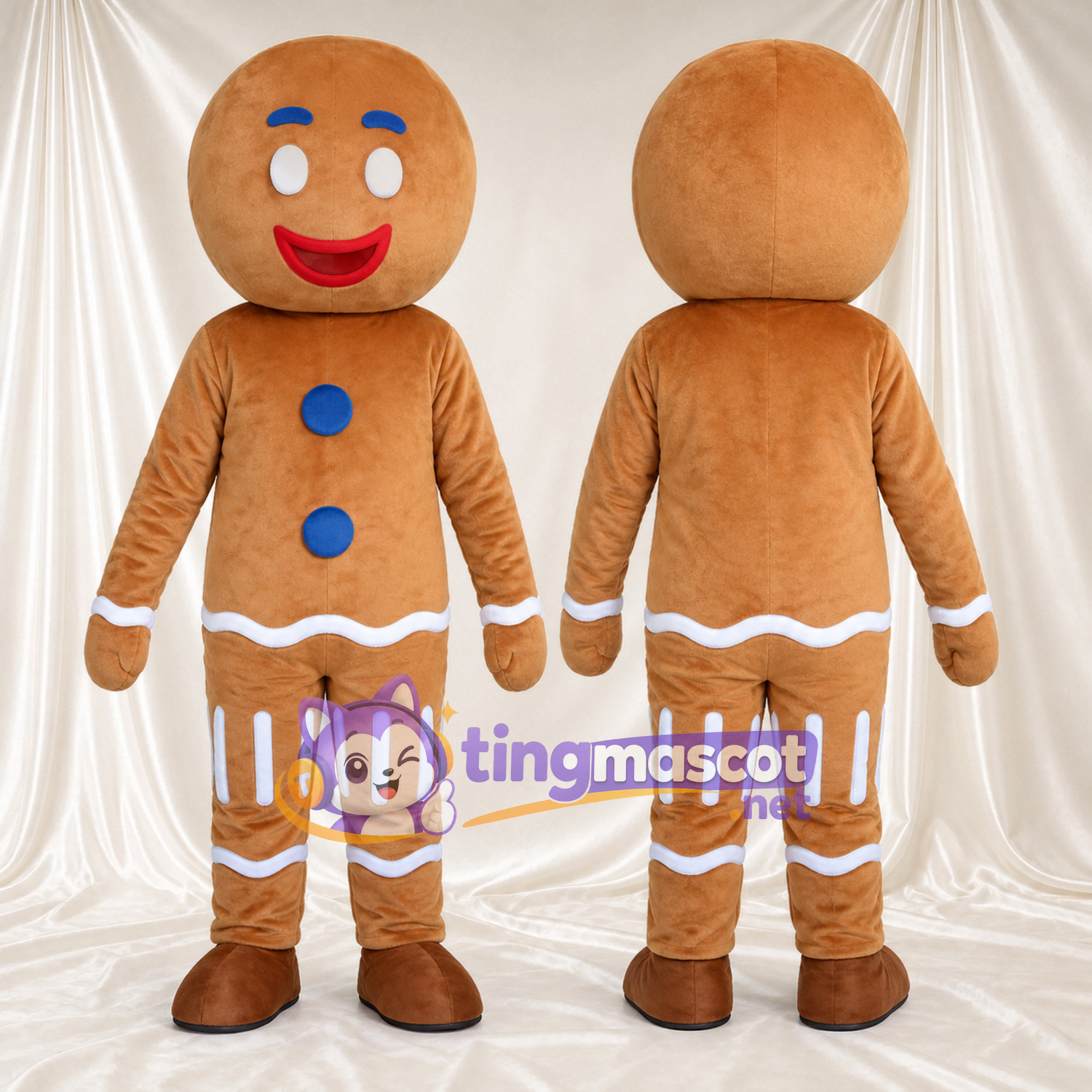 Brown Gingerbread Man Mascot Costume - Blue Buttons and White Icing Trim Brown Gingerbread Man Mascot Costume - Blue Buttons and White Icing Trim