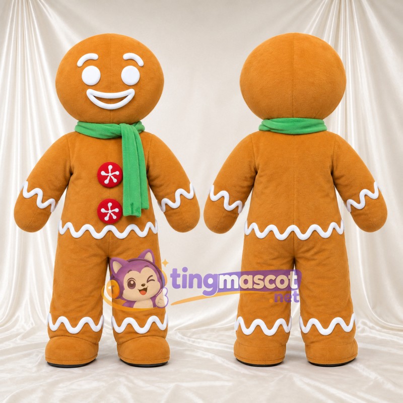 Costume de mascotte Bonhomme en pain d’épices – marron – Écharpe (vert); Boutons