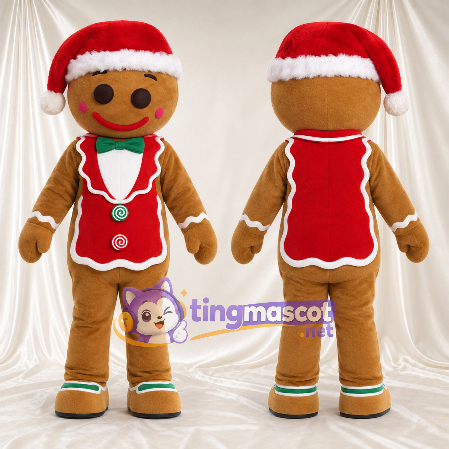Costume de mascotte Bonhomme en pain d’épices – marron – Bonnet de Noël; Gilet (rouge) Costume de mascotte Bonhomme en pain d’épices – marron – Bonnet de Noël; Gilet (rouge)