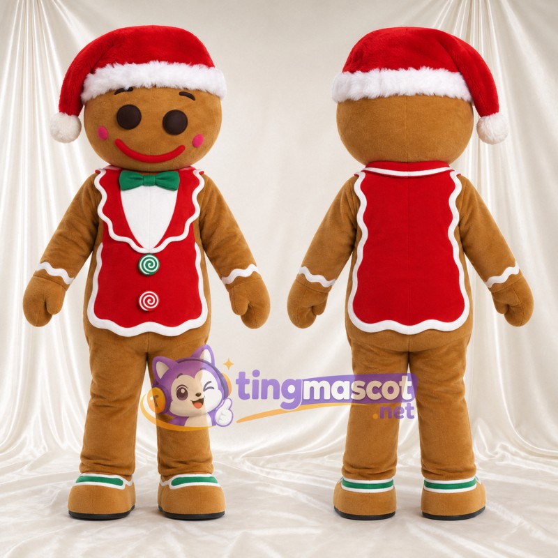 Costume de mascotte Bonhomme en pain d’épices – marron – Bonnet de Noël; Gilet (rouge)