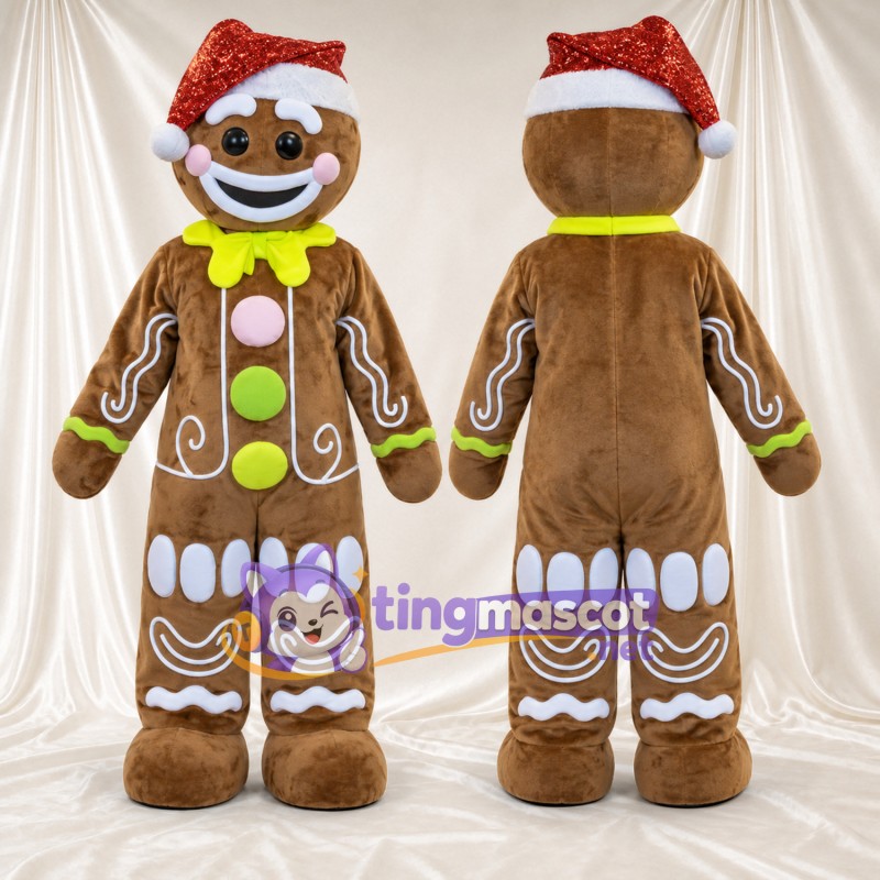 Costume de mascotte Bonhomme en pain d’épices – marron – Bonnet de Noël; Boutons