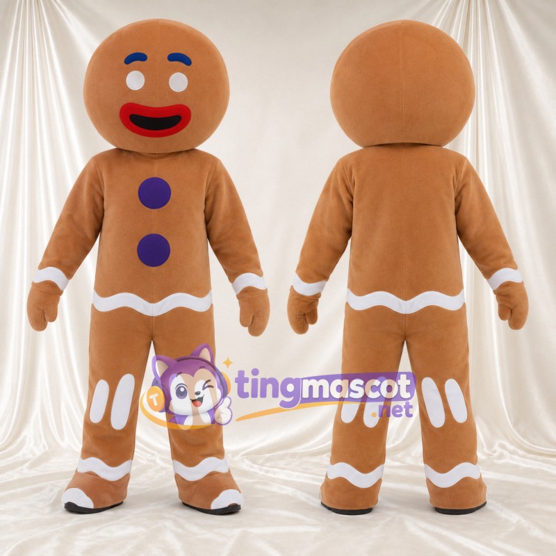Costume de mascotte Bonhomme en pain d’épices – marron – Boutons (violet); Décor de glaçage (blanc)