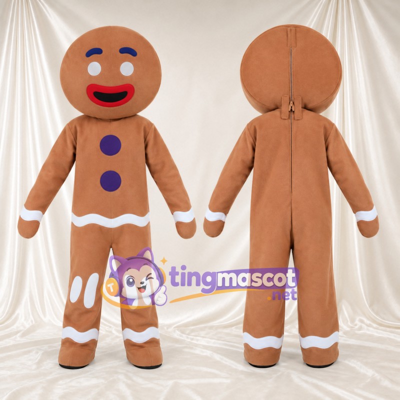 Brown Gingerbread Man Mascot Costume - Purple Buttons and White Icing Trim