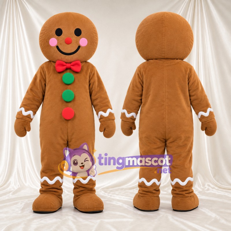 Costume de mascotte Bonhomme en pain d’épices – marron – Nœud papillon (rouge); Joues (rose)