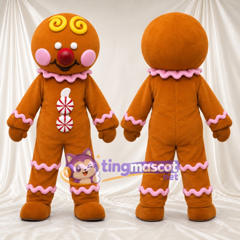 Brown Gingerbread Man Mascot Costume - Peppermint Candy Buttons and Pink Icing Trim