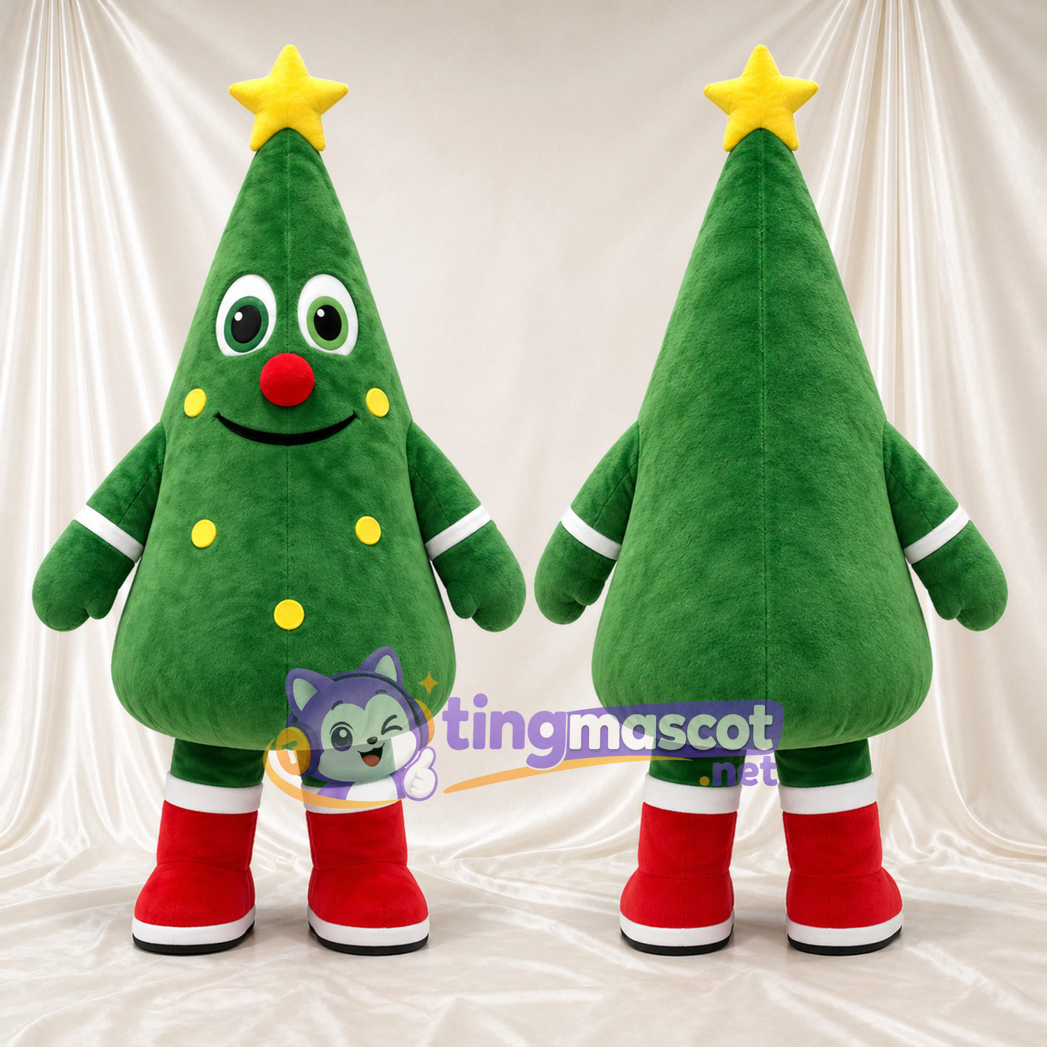 Maskottchenkostüm Weihnachtsbaum – grün – Stern (gelb); Nase (rot)