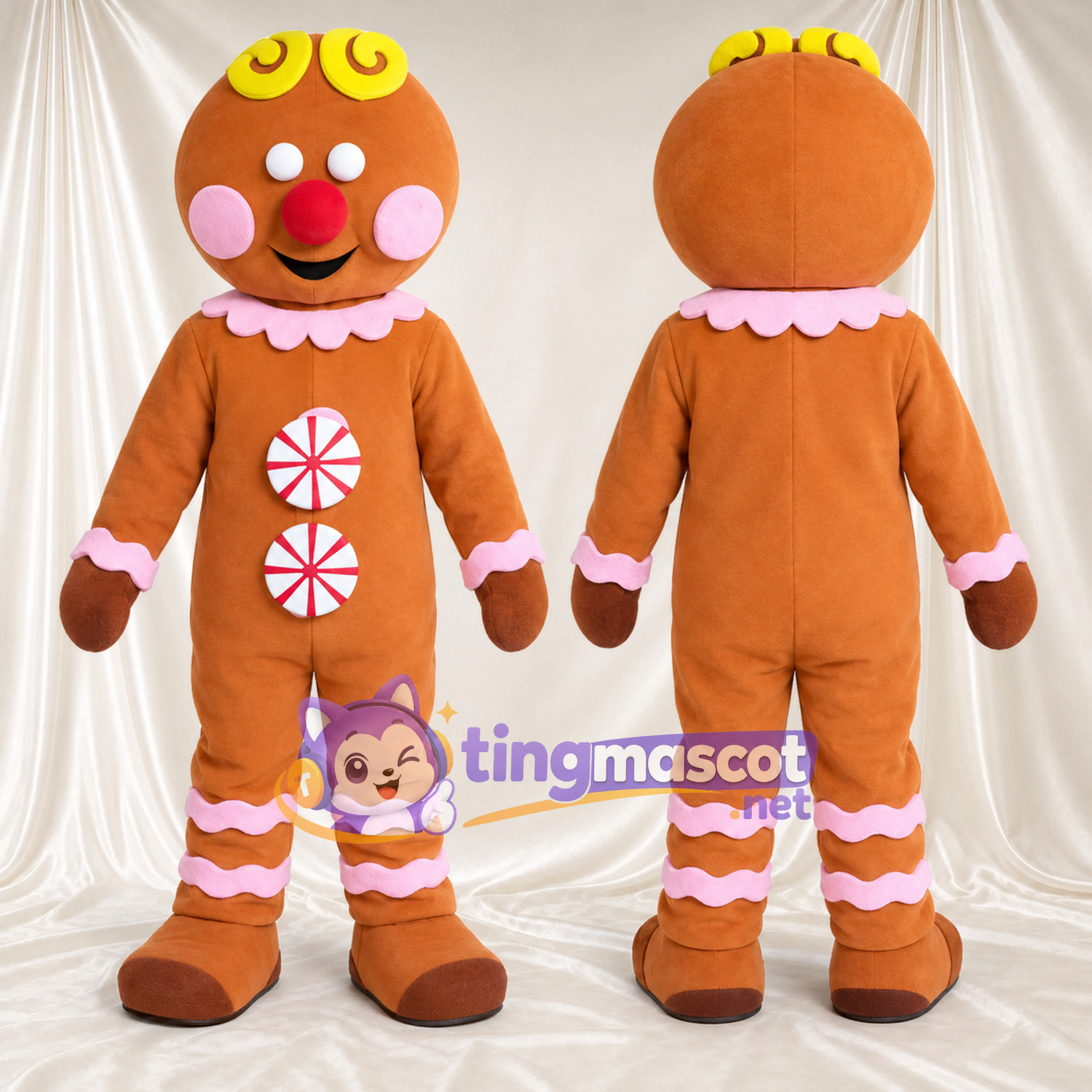 Brown Gingerbread Man Mascot Costume - Peppermint Candy Buttons and Yellow Forehead Swirls Brown Gingerbread Man Mascot Costume - Peppermint Candy Buttons and Yellow Forehead Swirls