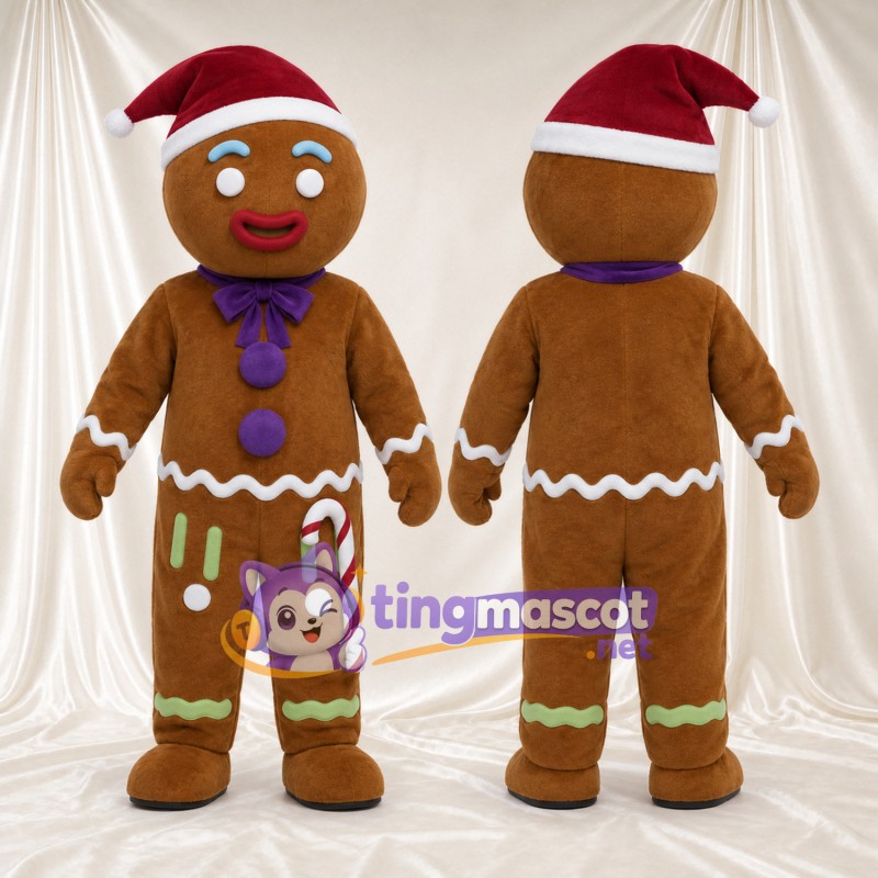 Costume de mascotte Bonhomme en pain d’épices – marron – Bonnet de Noël; Nœud (violet)