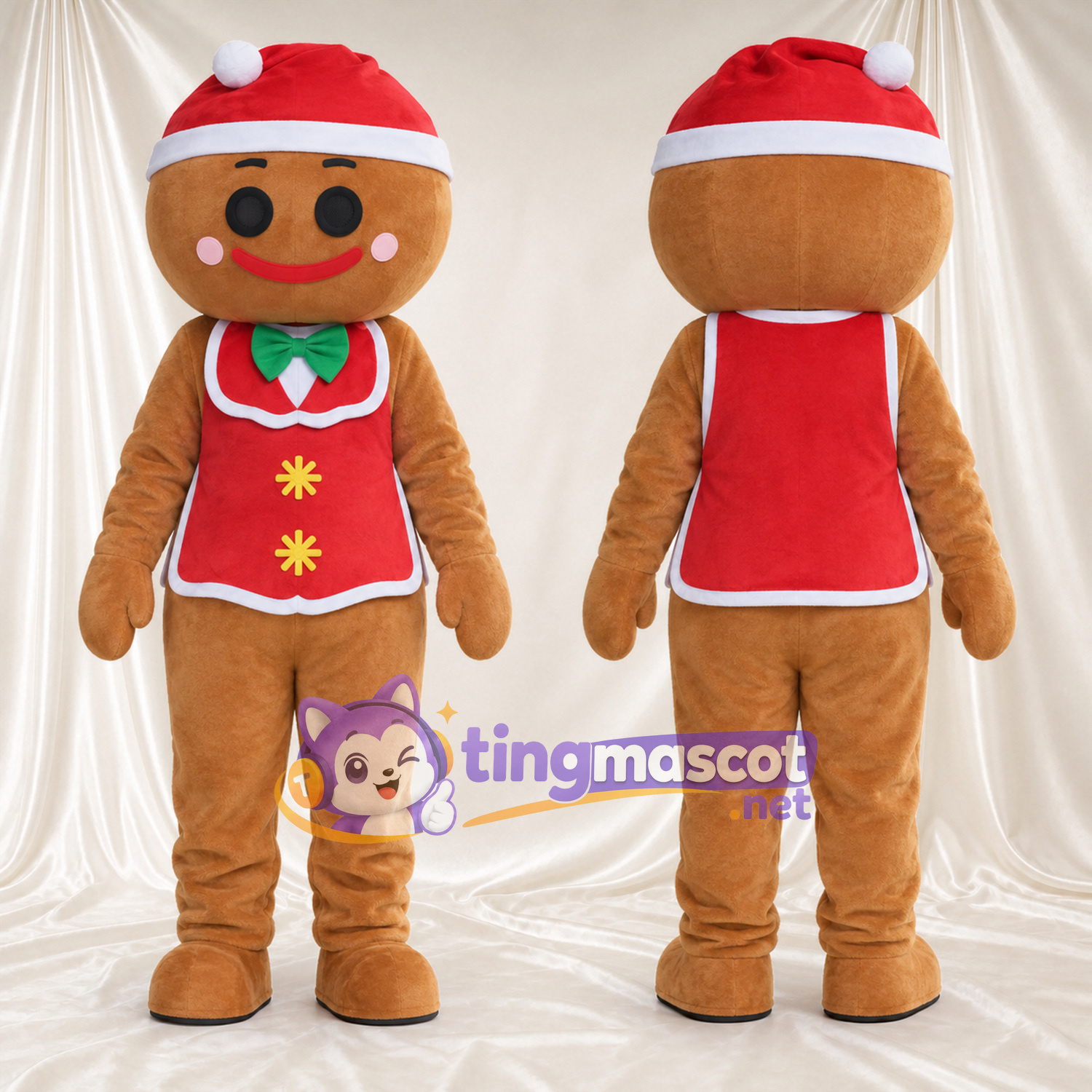 Costume de mascotte Bonhomme en pain d’épices – marron – Bonnet de Noël; Gilet (rouge) Costume de mascotte Bonhomme en pain d’épices – marron – Bonnet de Noël; Gilet (rouge)