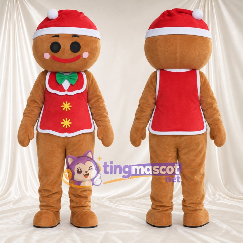 Costume de mascotte Bonhomme en pain d’épices – marron – Bonnet de Noël; Gilet (rouge)