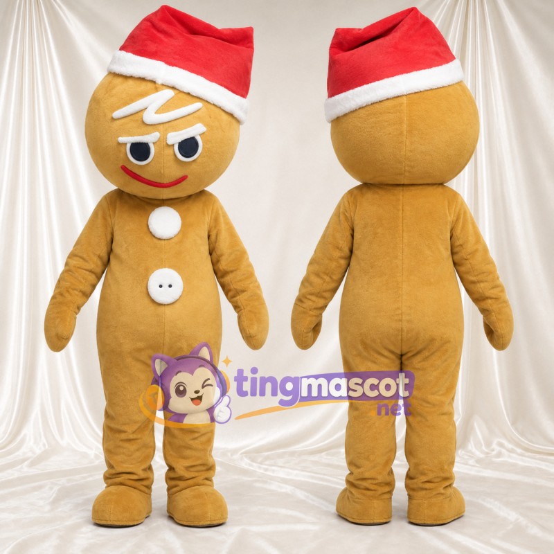 Costume de mascotte Bonhomme en pain d’épices – marron – Bonnet de Noël; Sourcils inclinés