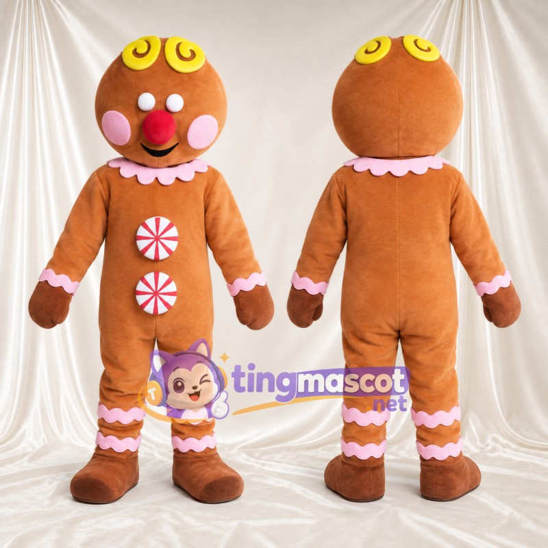 Brown Gingerbread Man Mascot Costume - Peppermint Candy Buttons and Pink Icing Trim