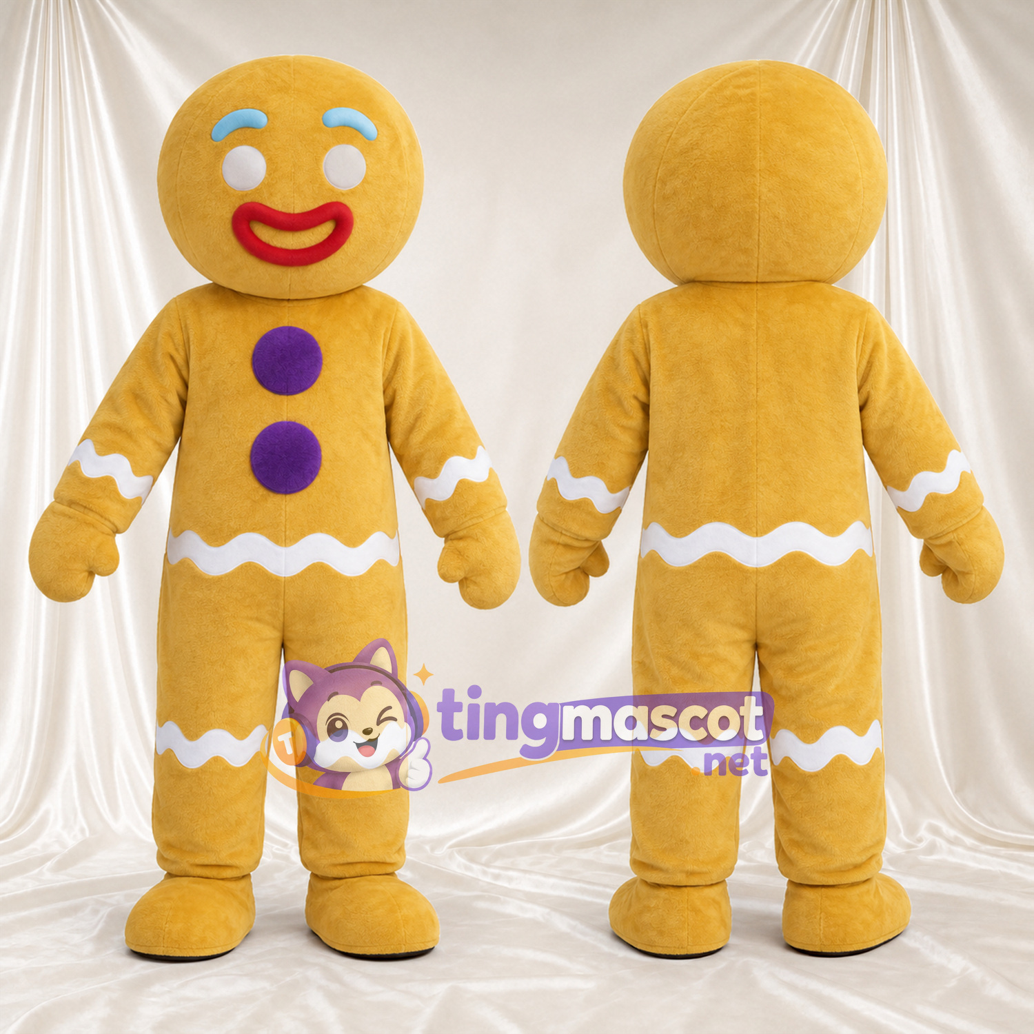 Costume de mascotte Bonhomme en pain d’épices – jaune – Boutons (violet); Décor de glaçage (blanc) Costume de mascotte Bonhomme en pain d’épices – jaune – Boutons (violet); Décor de glaçage (blanc)