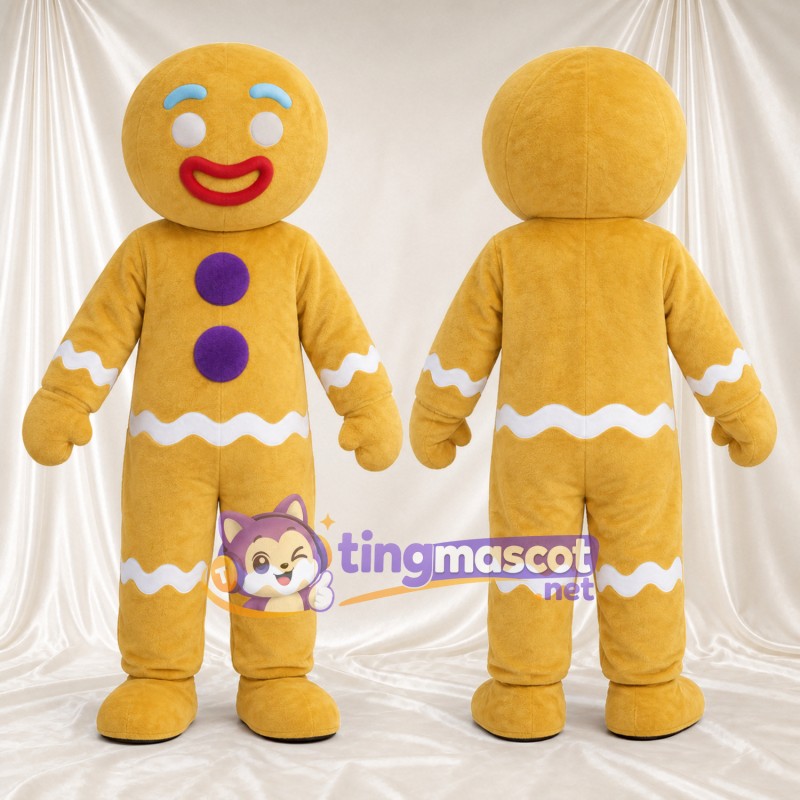 Costume de mascotte Bonhomme en pain d’épices – jaune – Boutons (violet); Décor de glaçage (blanc)