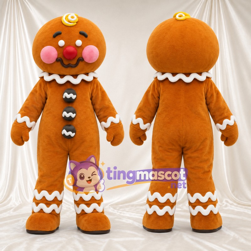 Brown Gingerbread Man Mascot Costume - Black Buttons and Yellow Forehead Swirls