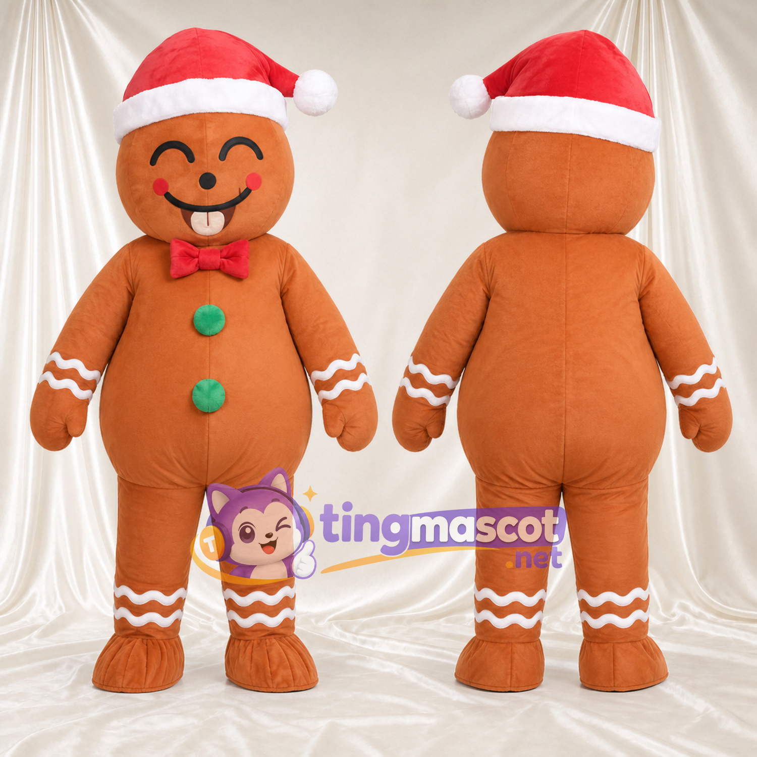 Costume de mascotte Bonhomme en pain d’épices – marron – Bonnet de Noël; Boutons (vert) Costume de mascotte Bonhomme en pain d’épices – marron – Bonnet de Noël; Boutons (vert)
