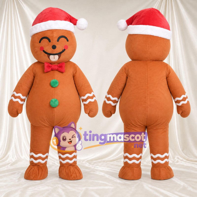 Costume de mascotte Bonhomme en pain d’épices – marron – Bonnet de Noël; Boutons (vert)
