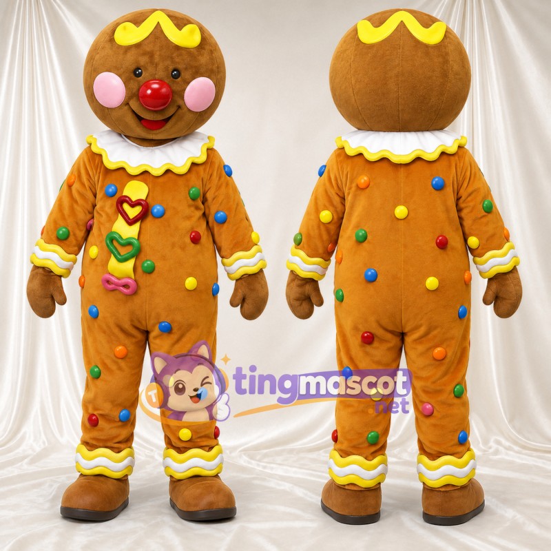 Costume de mascotte Bonhomme en pain d’épices – marron – Décorations de bonbons (multicolore)