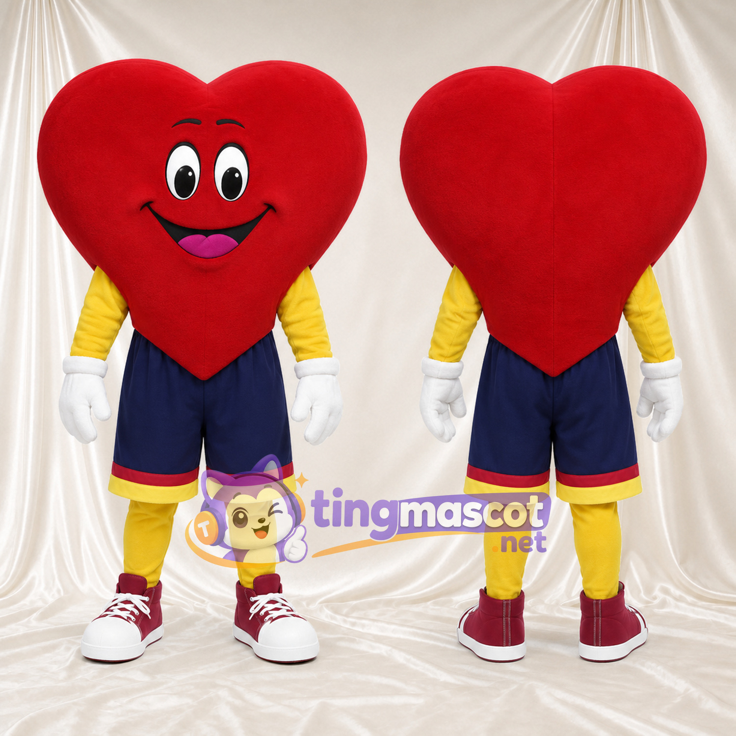 Costume de mascotte Cœur – rouge – Chemise (jaune); Short (bleu marine) Costume de mascotte Cœur – rouge – Chemise (jaune); Short (bleu marine)