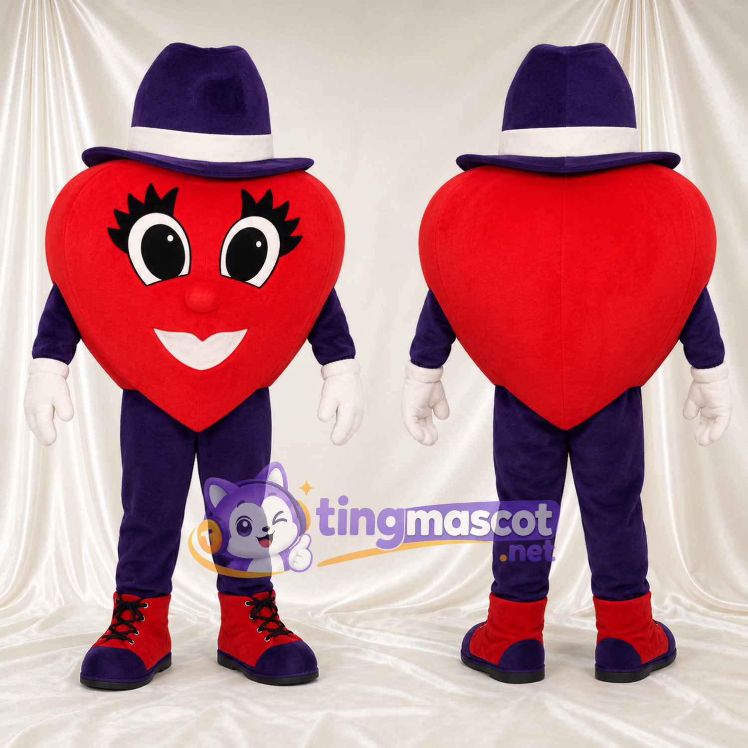 Costume de mascotte Cœur – rouge – Costume (violet); Chapeau Costume de mascotte Cœur – rouge – Costume (violet); Chapeau