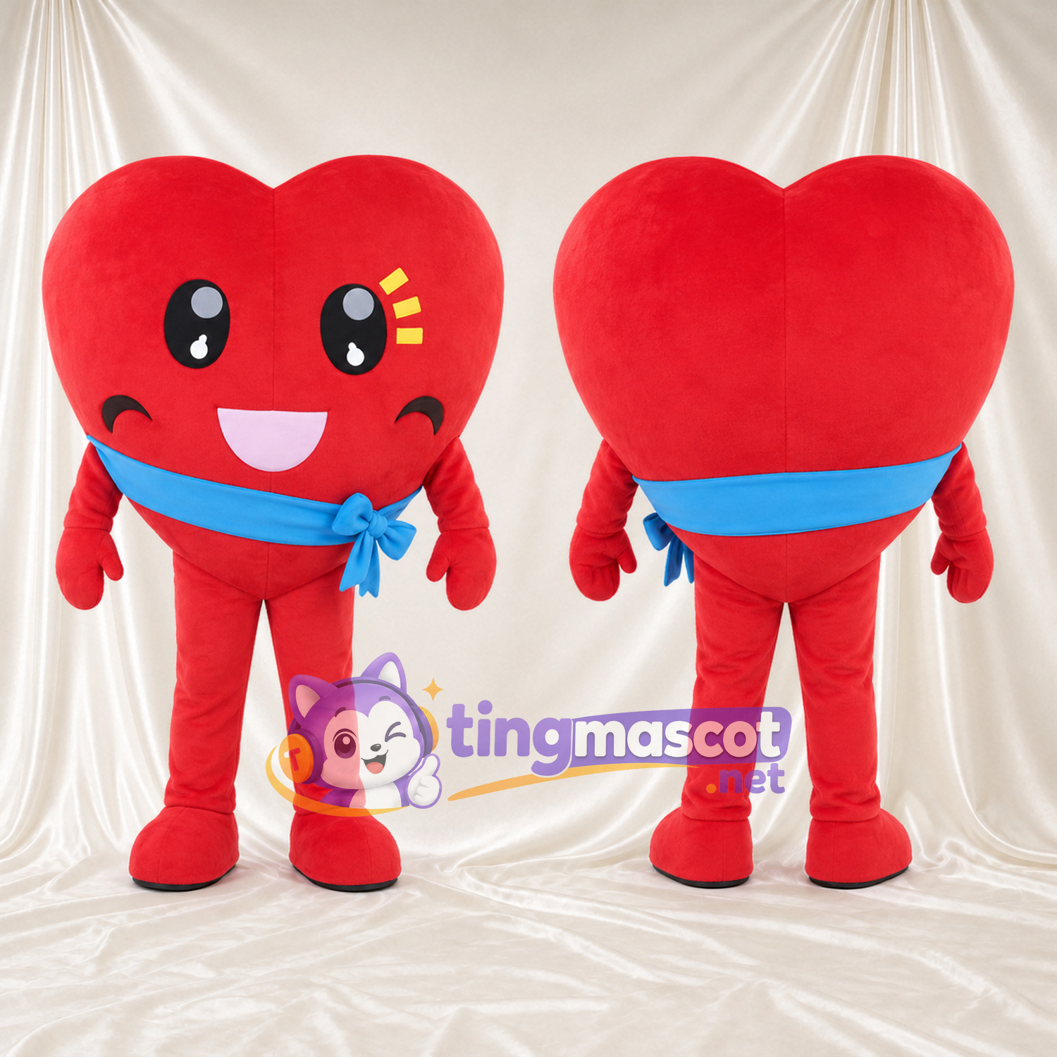 Costume de mascotte Cœur – rouge – Écharpe en bandoulière (bleu) Costume de mascotte Cœur – rouge – Écharpe en bandoulière (bleu)