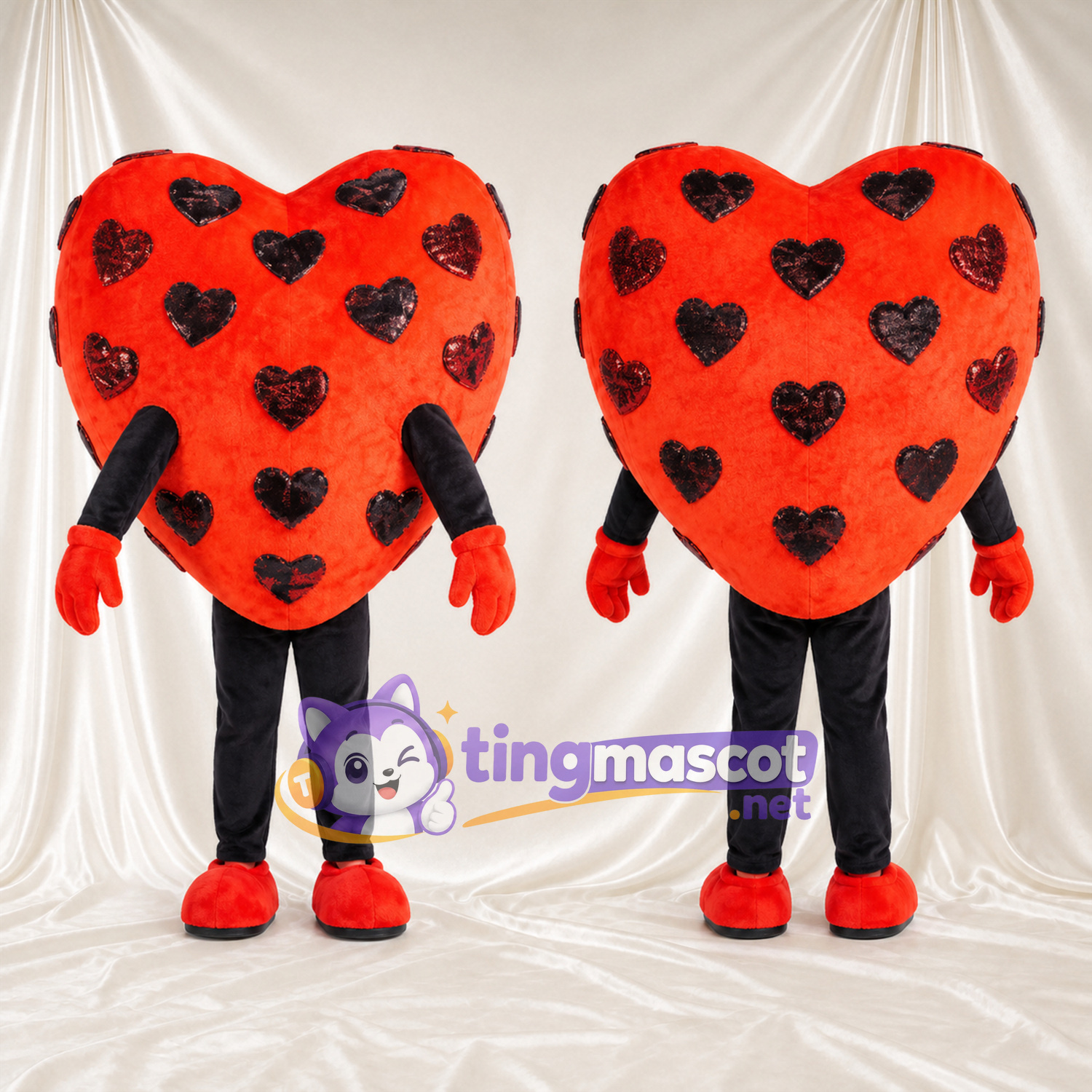 Costume de mascotte Cœur – orange – Motif de cœurs (noir)