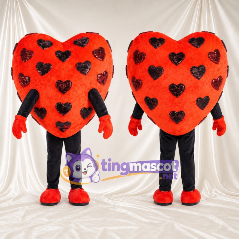Costume de mascotte Cœur – orange – Motif de cœurs (noir)