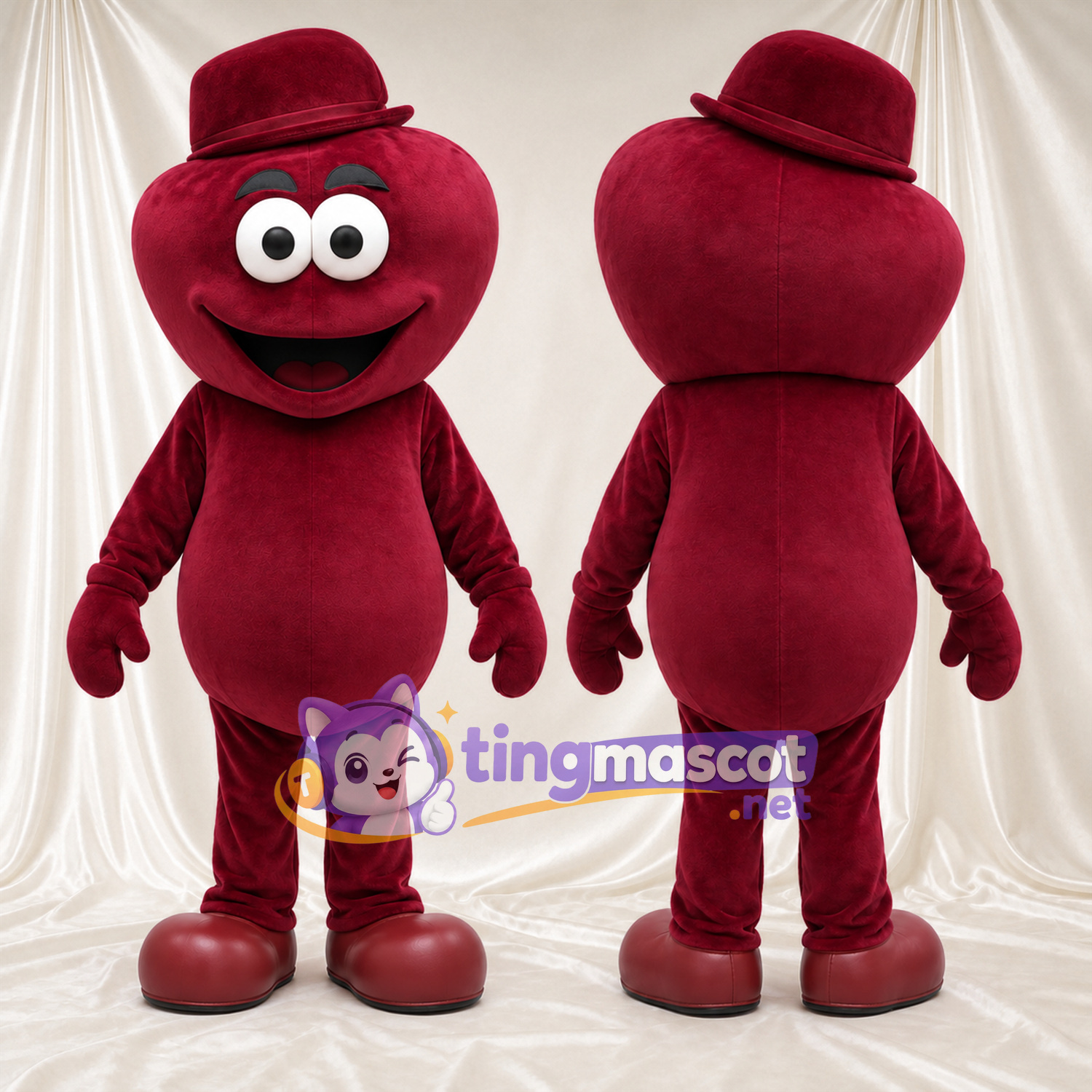 Costume de mascotte Cœur – rouge – Chapeau (bordeaux) Costume de mascotte Cœur – rouge – Chapeau (bordeaux)