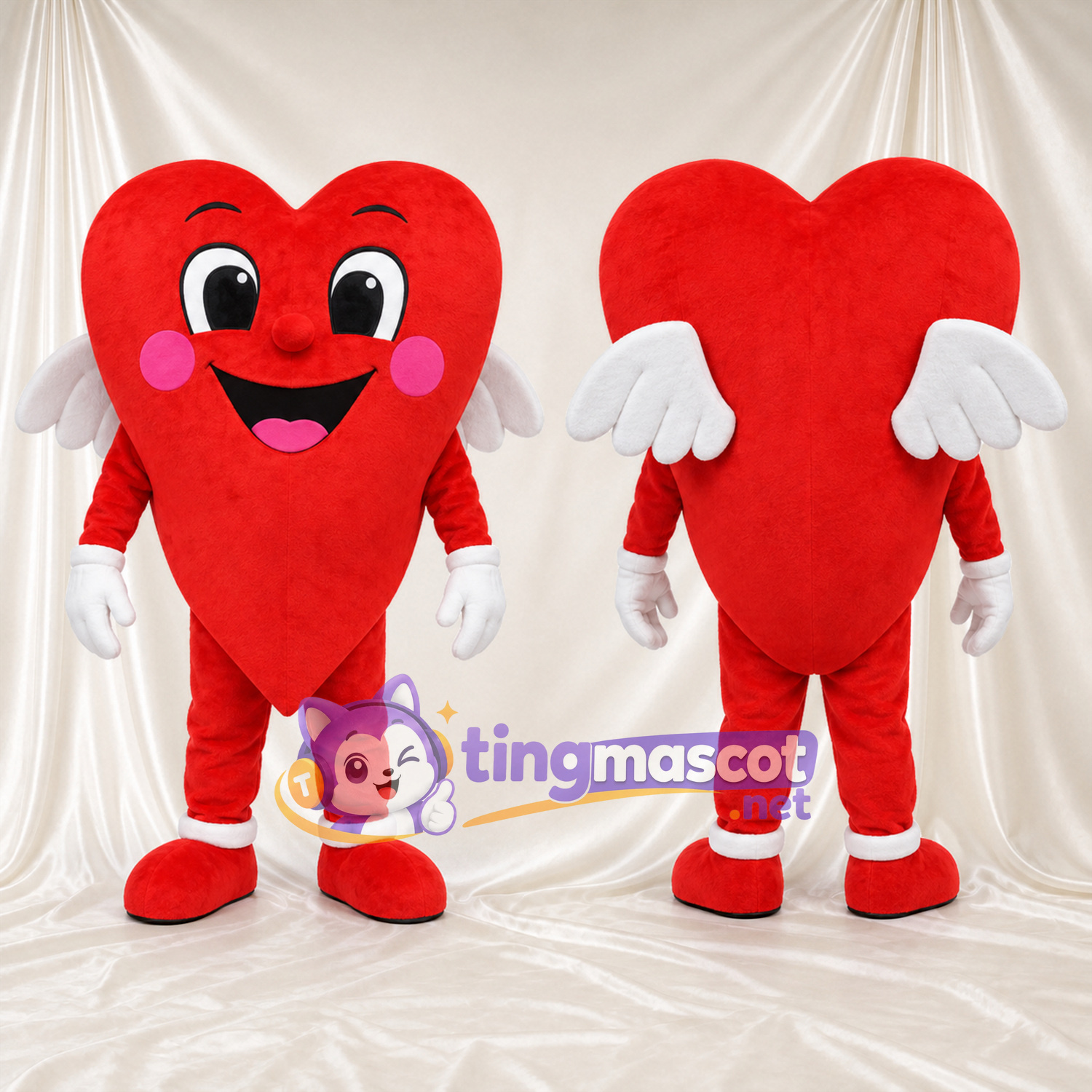 Costume de mascotte Cœur – rouge – Ailes (blanc) Costume de mascotte Cœur – rouge – Ailes (blanc)