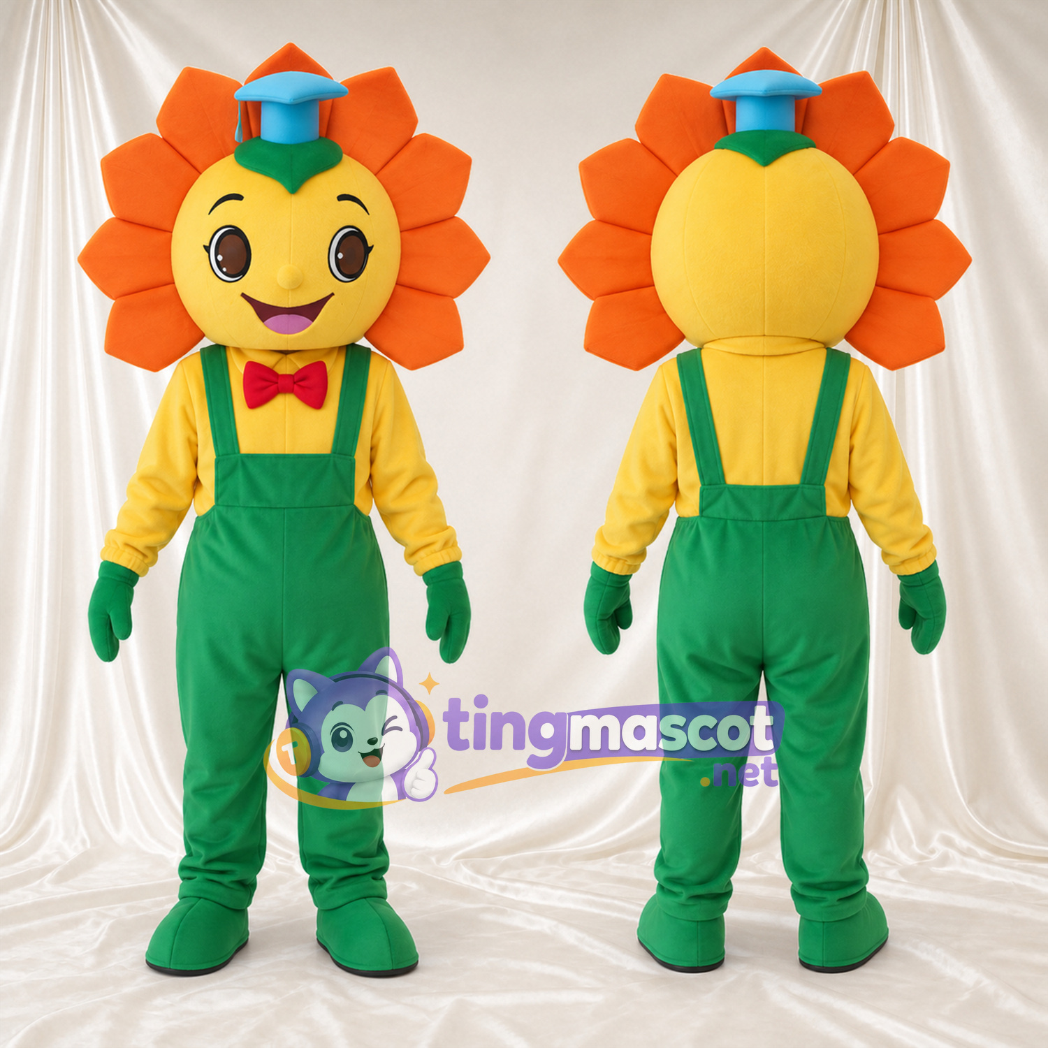 Maskottchenkostüm Sonnenblume – orange / gelb – Latzhose (grün) Maskottchenkostüm Sonnenblume – orange / gelb – Latzhose (grün)