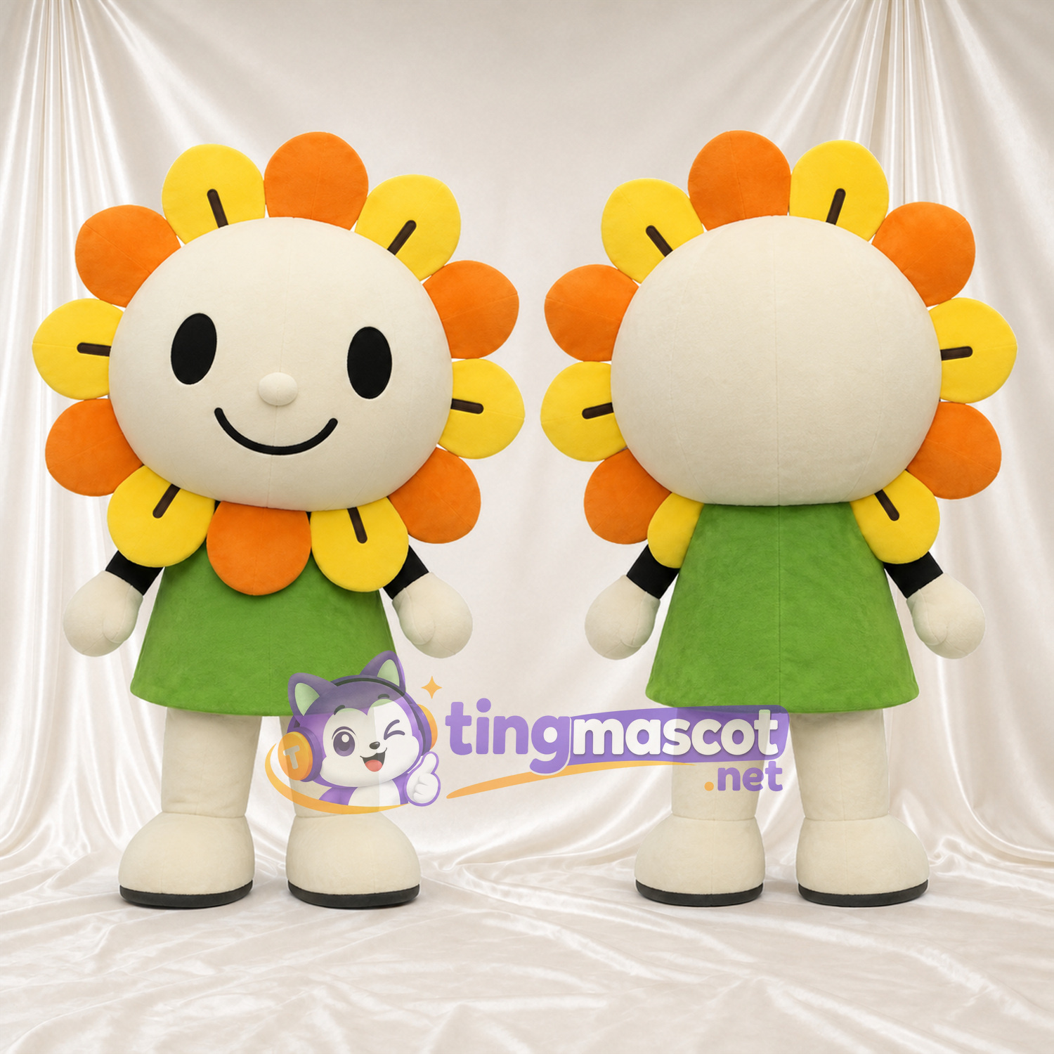 Maskottchenkostüm Blume – gelb / orange – Kleid (grün) Maskottchenkostüm Blume – gelb / orange – Kleid (grün)