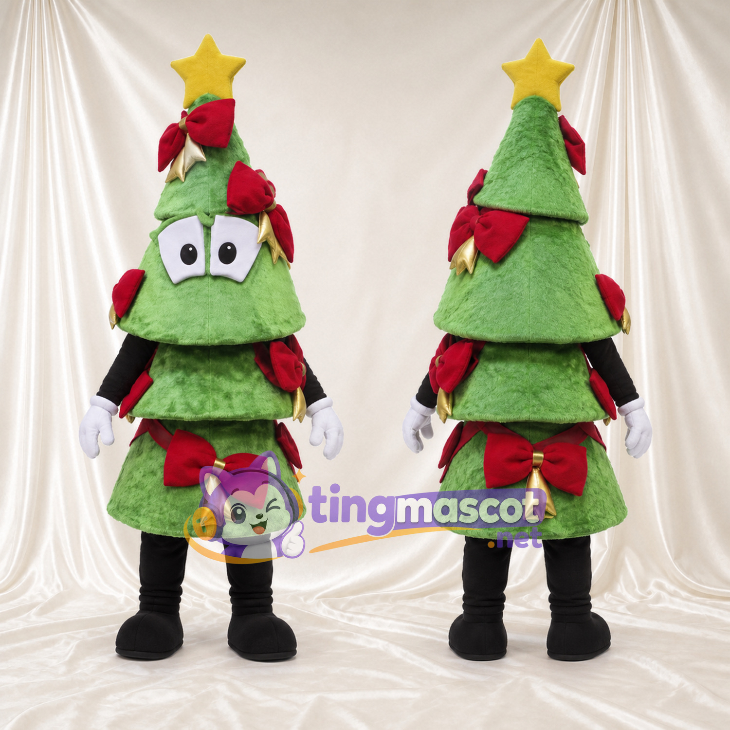 Maskottchenkostüm Weihnachtsbaum – grün – Stern (gelb); Schleifen (rot) Maskottchenkostüm Weihnachtsbaum – grün – Stern (gelb); Schleifen (rot)