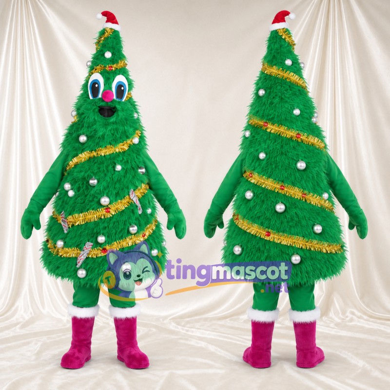Costume de mascotte Sapin de Noël – vert – Bonnet de Noël; Guirlande (doré)